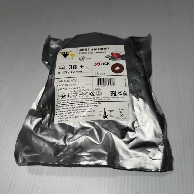 Sia Abrasives 4581 (F03E007TA6) 125mm x 22mm P36 X-Lock Ceramic Fibre Disc 25 Pc