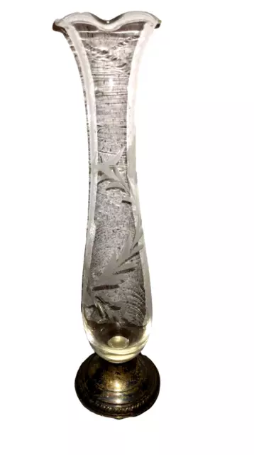 Antique Shabby Crown Weighted Sterling Etched Glass Floral Bud Vase 10 1/4"