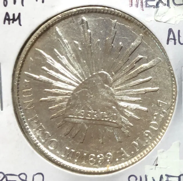 1899Mo AM MEXICO 1 PESO ABOUT UNCIRCULATED SILVER COIN-39MM-KM#409.2