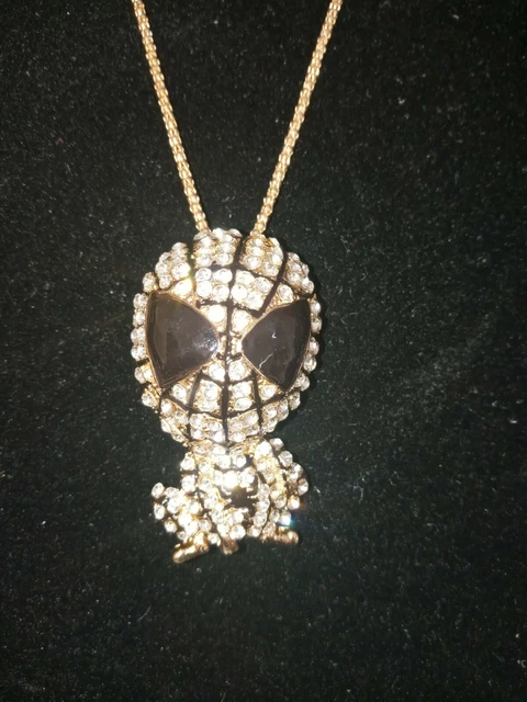 Betsey Johnson Cute White Spiderman Hero Bling Crystal Pendant Chain Necklace.