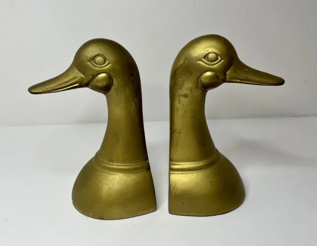 Vintage Leonard MCM Brass Goose Mallard Duck Bookends 6.5" Cabin Lodge Decor
