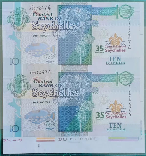 Seychelles 2013 banknotes 10 Rupees P-46 PAIR Uncut UNC 35 Central Bank