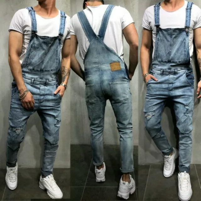 Uomo Strappato Denim Jeans Tuta Salopette Tuta Pantaloni Taglie Forti