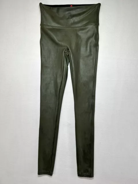 SPANX Faux Leather Shiny LEGGINGS 2437 Dark Olive Green Size Small Shaping