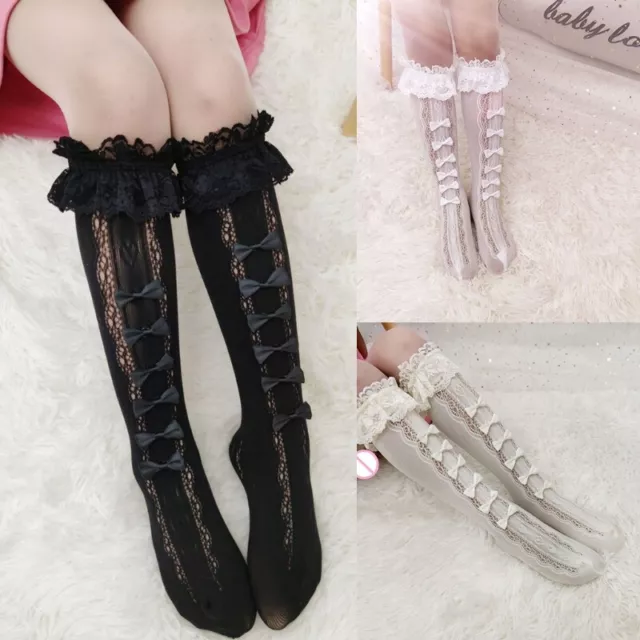 Women Girl Knee Socks Sweet Hollow Lace Ruffle Stockings