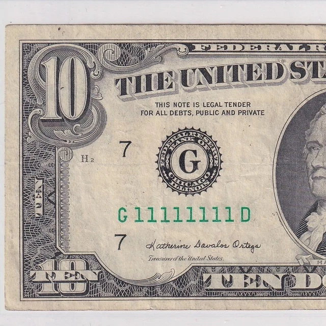 1985 Ten Dollars $10 FRN Chicago Fr.1978-G—solid serial # G11111111D—very fine