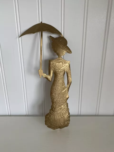 Vintage Victorian Lady Umbrella Wall Decor Hammered Gold Tin Metal Home Interior