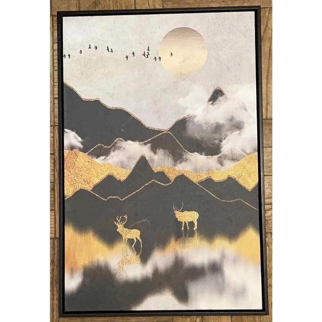 Estampado de lona, arte mural, alce dorado, montaña, nubes y luna, naturaleza, desierto