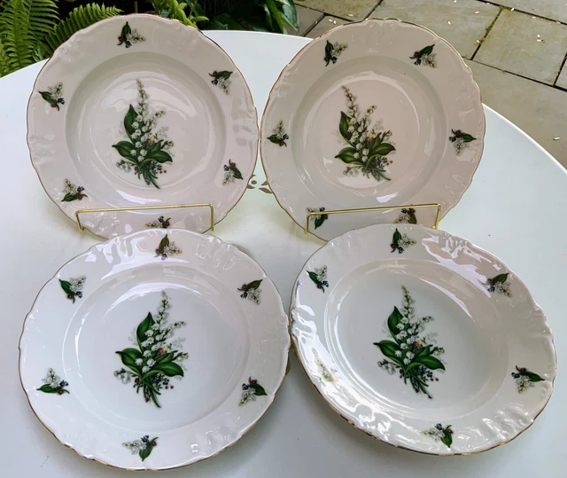 4 Winterling Bavaria Soup Plates Lily of the Valley Scallop Edge Gold Rim. MINT!