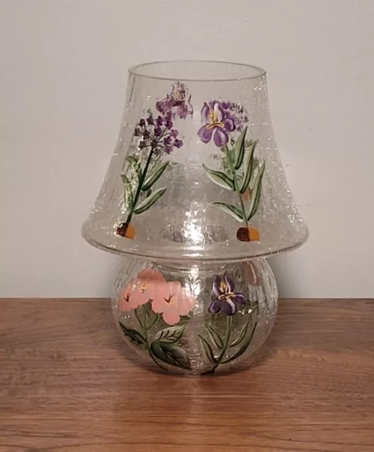 Beautiful Fairy Candle Lamp w Crackled Glass Decorated w Pink & Purple Flowers