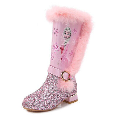 New UK Winter Kids Girls ELSA  Princess Cosplay Party Plush Fleece High Boots