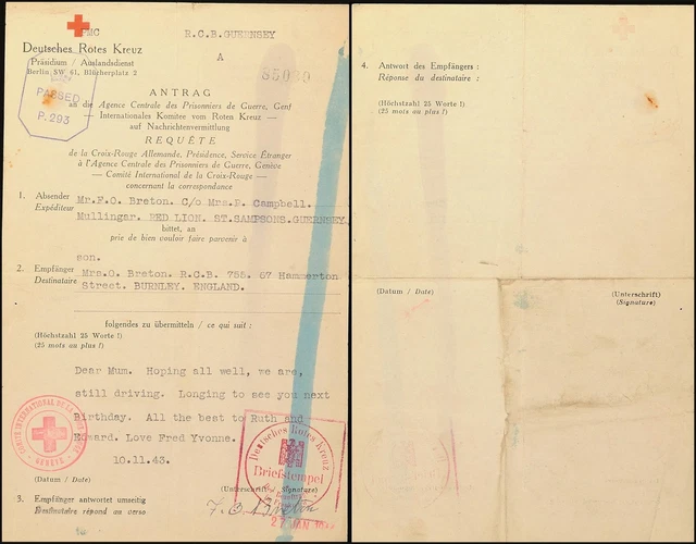 8545) Rotkreuz-Nachrichten Brief 10.11.43 Guernsey nach England ohne Antwort