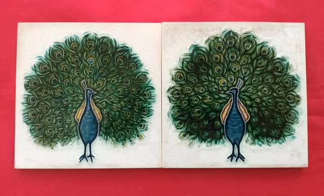 2 Piece Peacock Set  Art Deco Embossed Design Majolica Ceramic Tiles Japan 0284