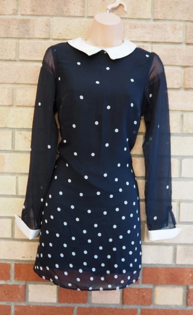 Mini Abito River Island Bianco A Pois Bianco Nero A Pois A Maniche Lunghe 8 S