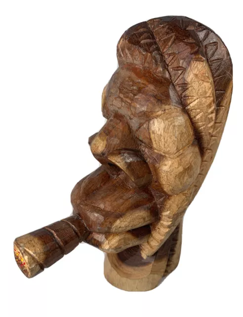 Wood Carving Smoking Head Hand Carved Ugly Face Cigar Pipe Culture Cabin Art