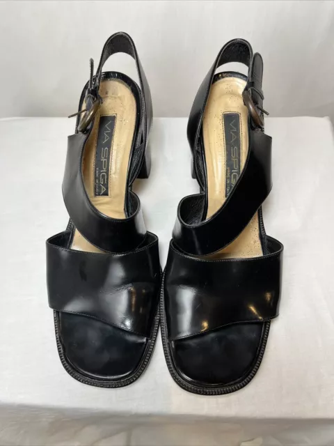 Via Spiga Women's Shoes Cross Strap Black Leather Chunky Heels Size 10 M