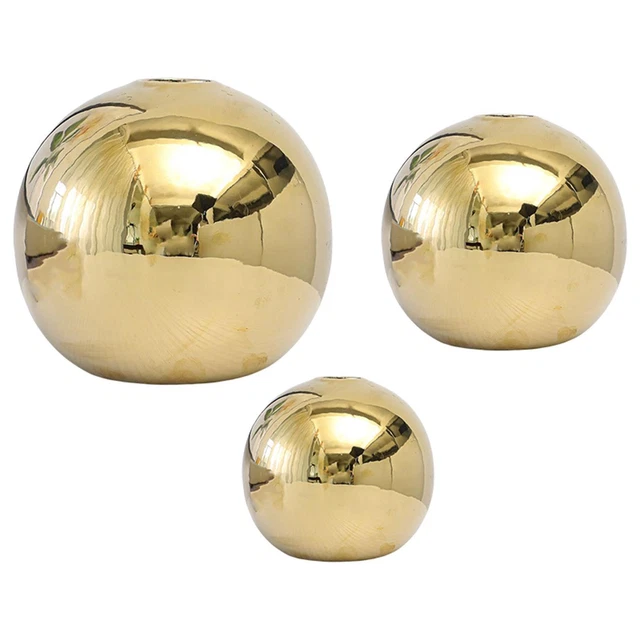 Set Di 3 Vasi Di Fiori Con Piante A Sfera In Ceramica Elettroplaccata Dorata