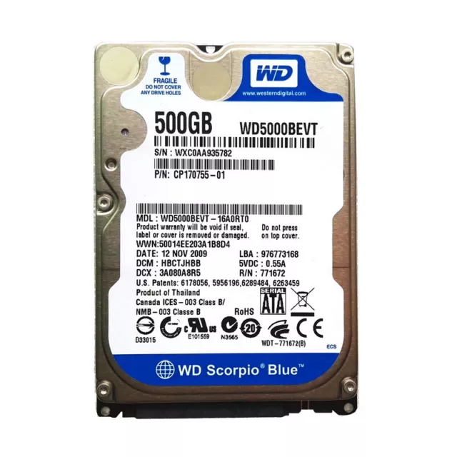 Western Digital 500GB WD5000BEVT 5400RPM 8MB SATA 2.5" Laptop Hard Disk Drive