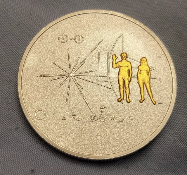 Pioneer Space Explorer Silver Gold Coin Earths Location Naked People NASA Retro