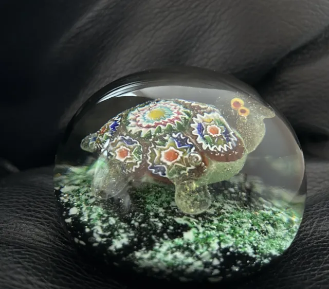 Rare Vintage Murano Millefiori Turtle Encased in Clear Glass Paperweight
