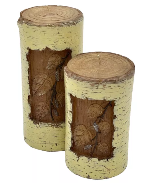 2 Hand Carved Decorative Wax Pillar Candles Unscented Birch Bark Un-Lit Unique