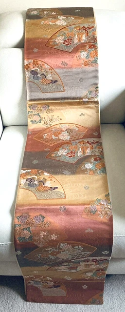 Ventilatore/anatre/peonia/acqua"" completo Fukuro Obi 4 kimono" oro giapponese/multi seta