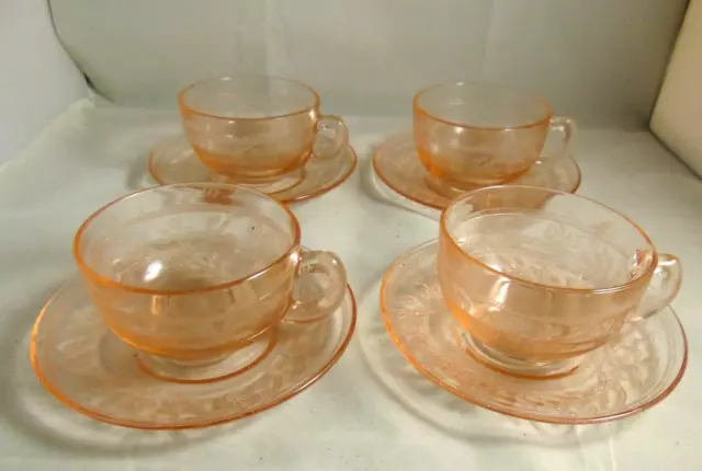 1930's Four (4) Cloverleaf Hazel Atlas Depression Glass Cups and Saucers
