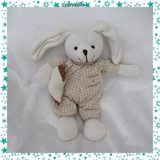 Doudou Peluche Lapin Tricot Blanc Vichy Beige Avec Coussin Doudou Et Compagnie