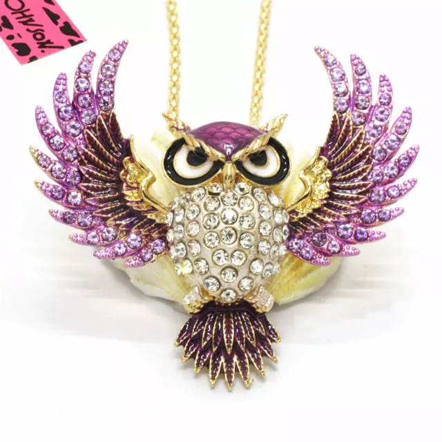 Hot Purple Enamel Cute Owl Animal Crystal Fashion Lady Pendant Women Necklace