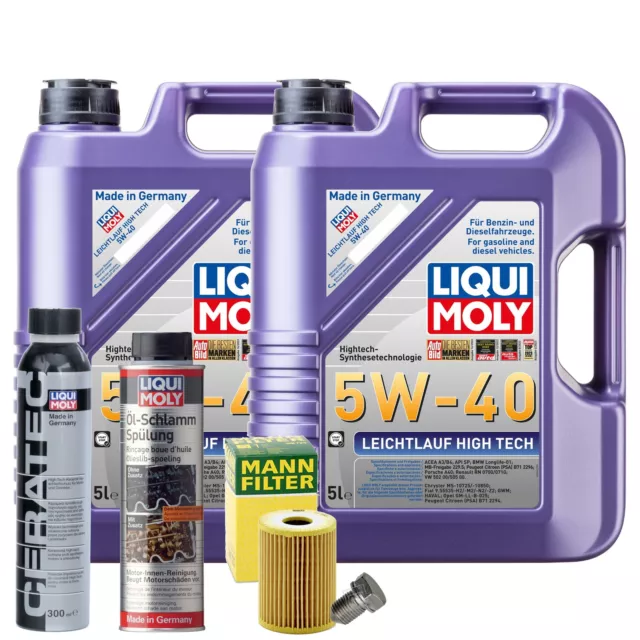 Motoröl 5W40 LIQUI MOLY 10L+MANN Filter+Schlammspülung+Cera Tec+Ablassschraube