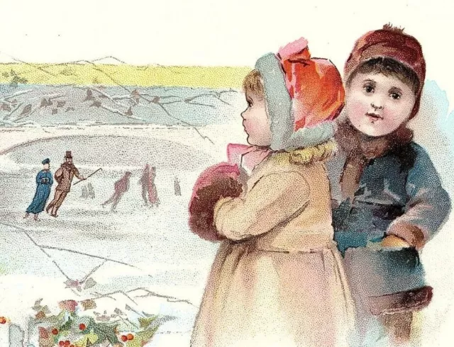 1894 Lion Coffee Woolson Spice Co. Victorian Christmas Cute Kids Ice Skating