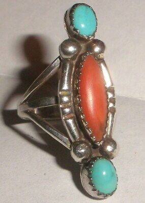 Vintage Navajo classic sterling silver turquoise coral old pawn ring size 5.5
