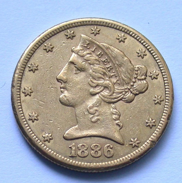1886-S $5 Five Dollar United States American Liberty Head Half Eagle Gold Coin