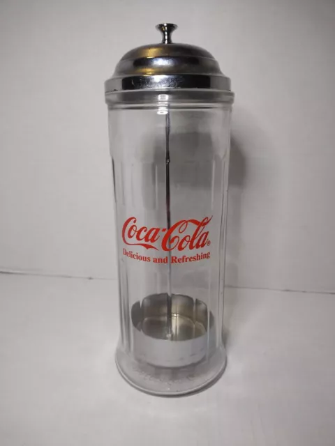 Vintage Coca Cola Glass & Chrome Straw Holder Dispenser 1992