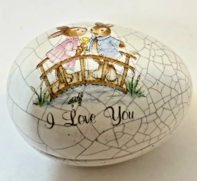 Vintage Russ Berrie Ceramic Easter Egg Trinket I Love You Crackled 2.5 x 1.5"