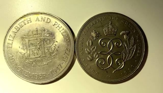 2 Commemorative Coins Queen Elizabeth And Philip 1972 & 1990 Queen Mother