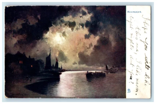 1904 Moonlight, Calm Seas, Posted Antique Oilette Tuck Art Postcard