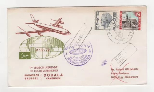 1972 Belgique 1ere Liaison Bruxelles - Douala Cameroun timbre sur lettre /L4714