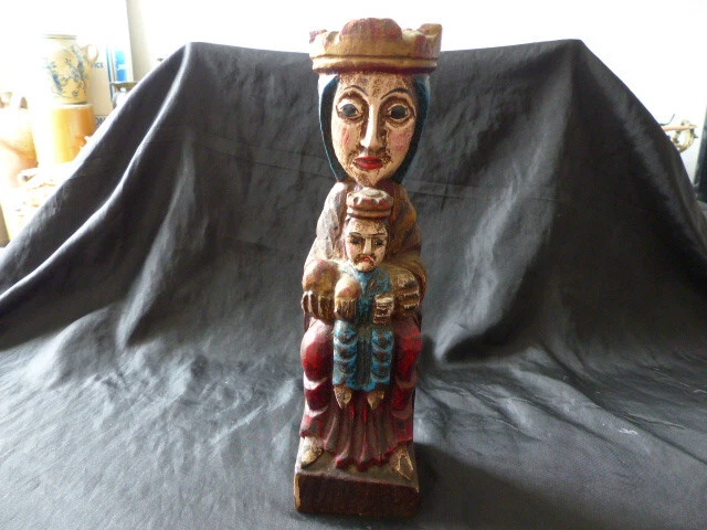 Statue Vierge à L'Enfant Gothique En Bois Peint - Ancienne, Bon état, Usures à La Peinture
