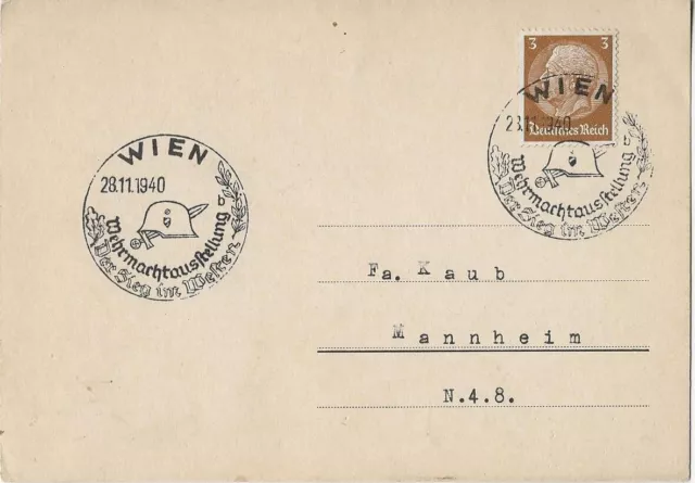 DR - Postkarte aus Wien nach Mannheim, 2 x SSt. Wehrmachtsausstellung 1940