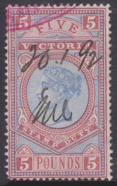 VICTORIA - REVENUE:  1886  £5 claret/clue Bicolour Stamp Duty,  1892 pen cancel