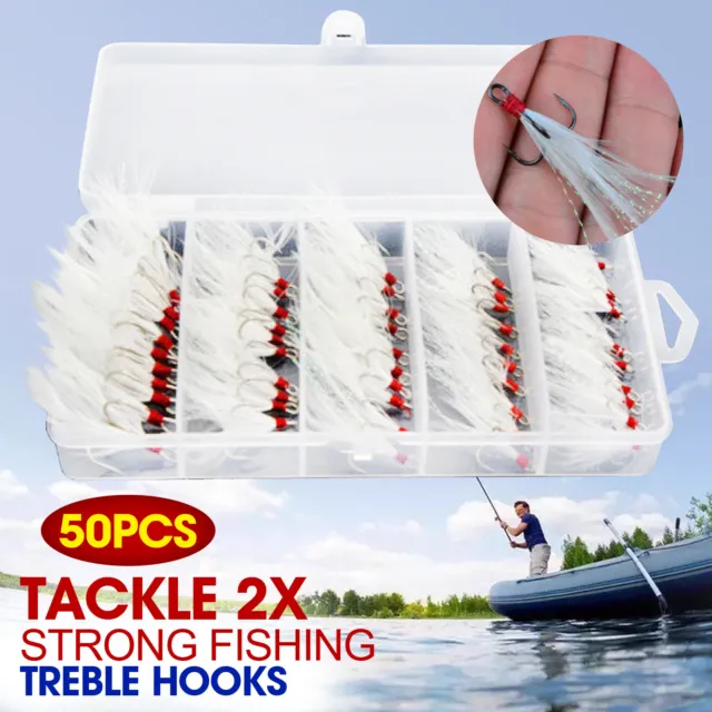 50pcs 2/4/6/8/10# Tackle 2X Strong Fishing Treble Hooks White Feather Dressed