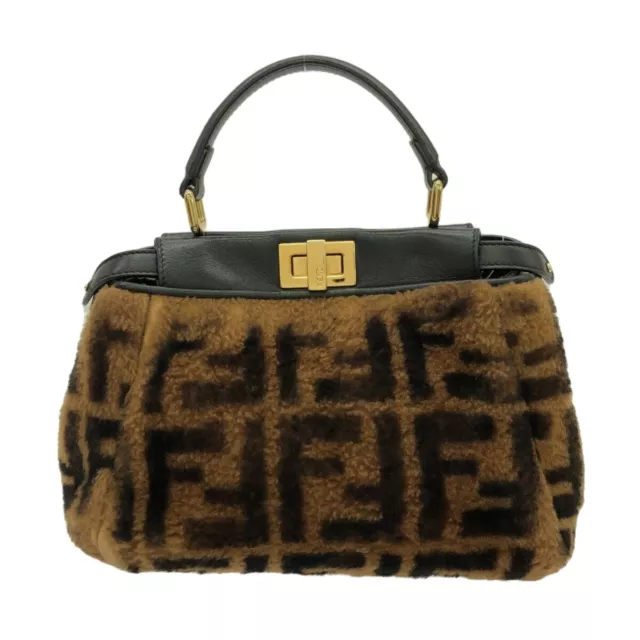 Auth FENDI Peekaboo Iconic Small 8BN244 Brown Black Mouton Nappa Leather -