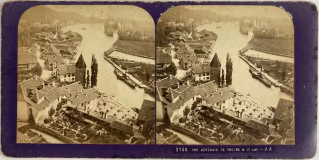 Suisse, Thoune et le lac, vintage print, ca.1870, stéréo Tirage vintage stéréo,