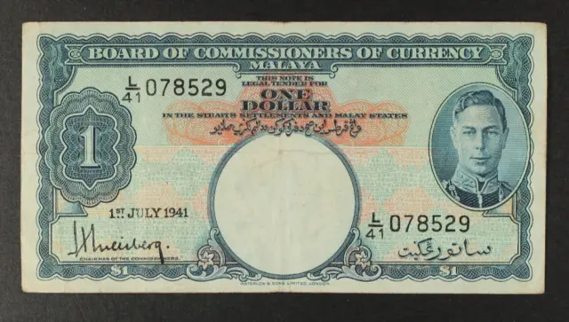 Malaya Commissioners of Currency - George VI, 1 Dollar, 1941, P-11 ... VF