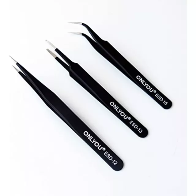 3pcs of Fine tip Curved Straight Flat Round Anti-Static Tweezers Set #12, 13, 15