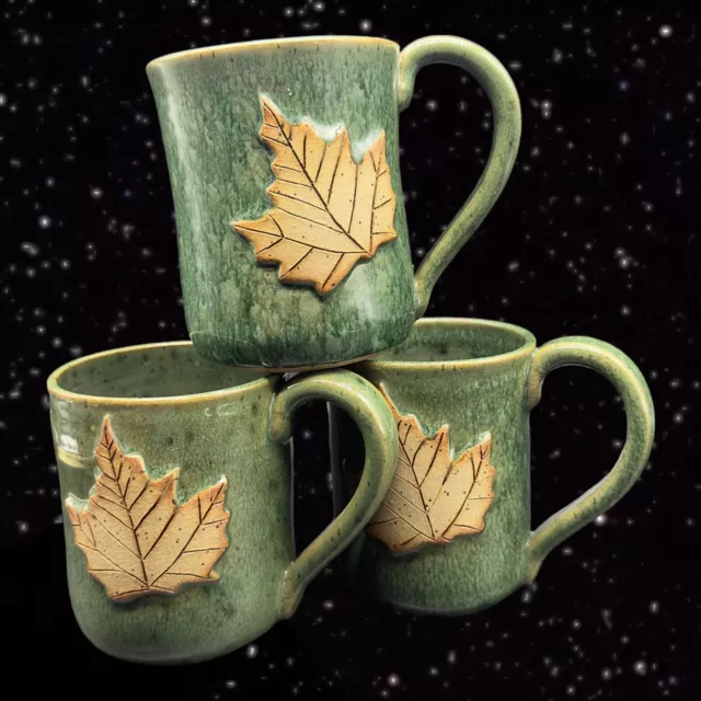 Studio Art Potttery Coffee Mug Cup Set 3 W Mapple Leafs Green Glazed Signed BEST