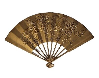 Vintage Chinese Pheonix Solid Brass Hand Fan Wall Decor 7" H Asian Aged Finish