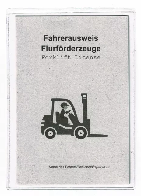 Gabelstaplerschein mit Schutzhülle, blanko, Flurfördermittelschein, neu.