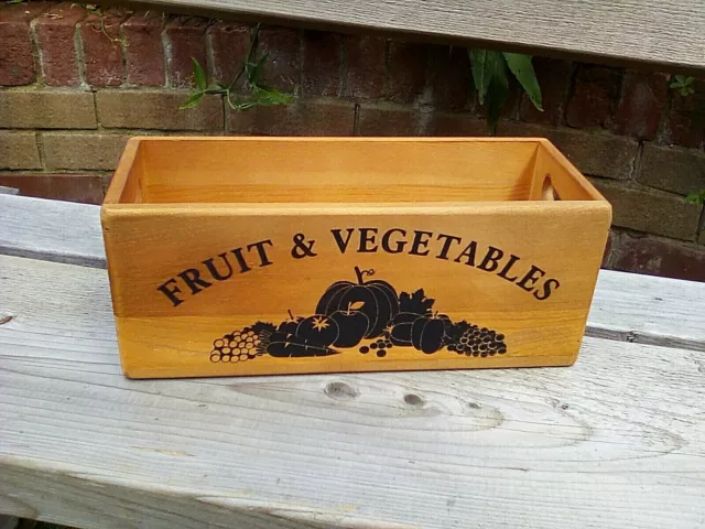 FRUIT & VEGETABLES rustic wooden storage box with cut out handles . Lovely gift.